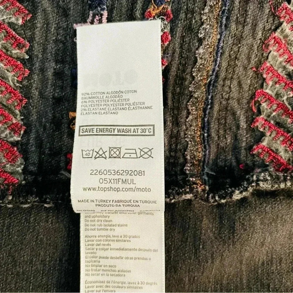 Topshop Embroidered Denim Jacket Jean Jacket Moto Washed Black Rough Edge - Picture 6 of 9